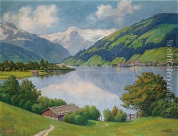 Blick Auf Zell Am See Mit Kitzsteinhorn Oil Painting - Adolf Peschek