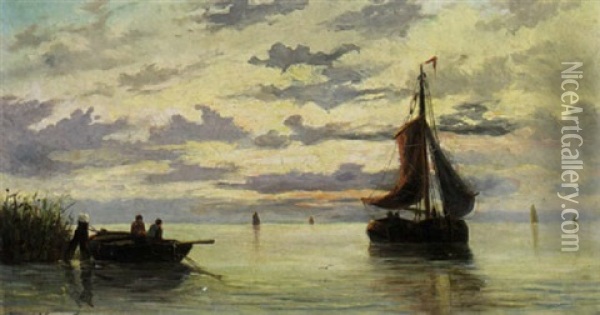 Boats In An Estuary Oil Painting - Jacob Willem Gruyter