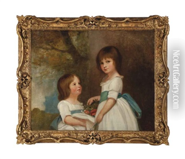Portrait Of Two Girls, Traditionally Identified As The Horsley Children, In White Dresses With Blue Sashes Holding Flowers In A Landscape Oil Painting - George Romney