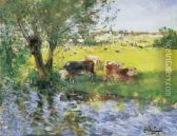 Vaches En Bord De Riviere A Lombre Du Saule Oil Painting - Pierre Eugene Montezin