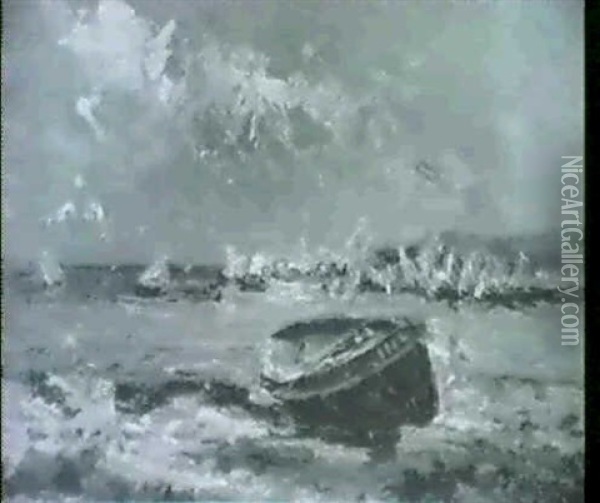 Fisherboot Am Ufer, Im Hintergrund Segelboote Oil Painting - Julien Gustave Gagliardini