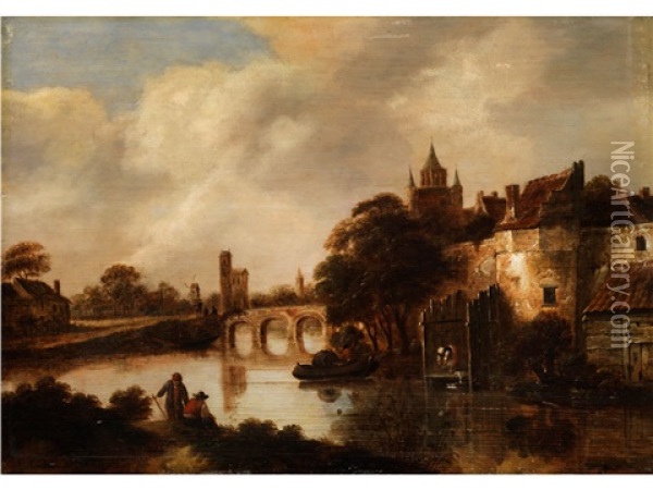 Flusslandschaft Mit Rechts Erhoht Stehender Stadt Und Stadtmauer Am Ufer Oil Painting - Nicolaes Molenaer