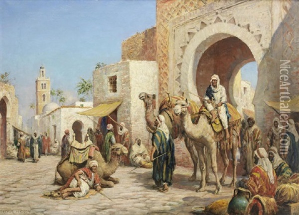 Arabs In A Busy Street Oil Painting - Arthur Trevor Haddon