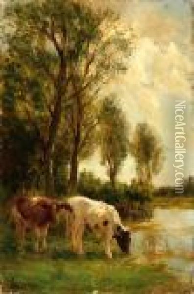 Two Cows By The Water Oil Painting - Fedor Van Kregten