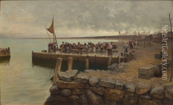 Fiskare I Torekovs Hamn (fishermen In The Harbour Of Torekov, Sweden) Oil Painting - August Vilhelm Nikolaus Hagborg