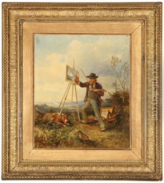 Artist At His Easel Outdoors Amid A Dog And Rabbit Chase Oil Painting - Bernhard Muehlig