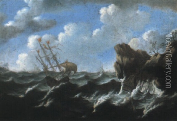 Ships Foundering On A Rocky Coast In A Storm Oil Painting - Matthieu Van Plattenberg