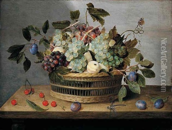 A Still Life Of Grapes, Plums And Peaches In A Basket Resting On A Wooden Ledge And Flanked By Plums And Cherries Oil Painting - Jacob van Hulsdonck