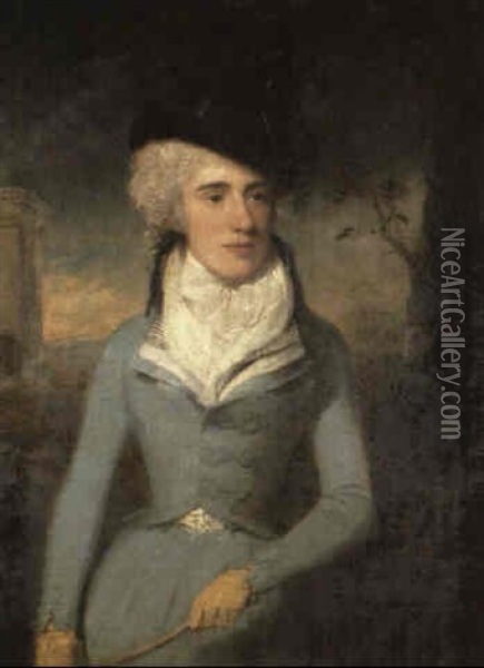 Portrait Of Mrs Beatrice Hewett, Wife Of James Hewett,      Standing Three Quarter Length In Blue Riding Dress, Black Oil Painting - Lemuel Francis Abbott