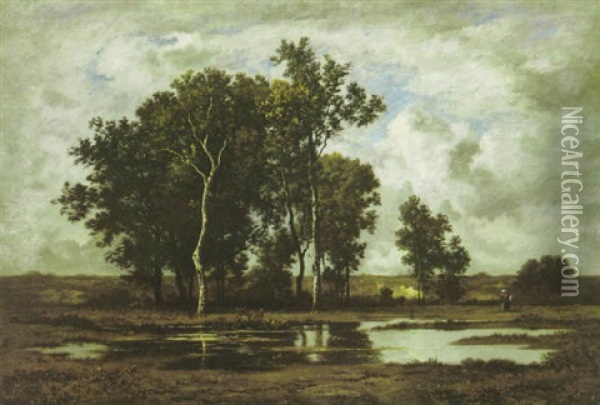 A Country Landscape With A Figure By A Pond In The Foreground Oil Painting - Leon Richet