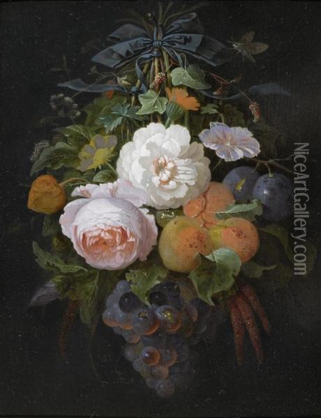 Composition With Suspended Flowers, Grapesand Plums Oil Painting - Abraham Mignon