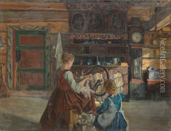 Mor Og Barn Ved Rokken Oil Painting - Nils Gustav Wentzel