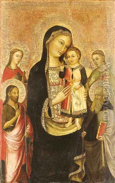 The Madonna and Child with Saints Catherine of Alexandria, John the Baptist, Anthony the Great and a female saint Oil Painting - Francesco D'Antonio Da Viterbo