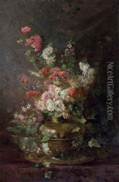 Roses, Chrysanthemums, Tulips And Other Summer Blooms, In A Copper Ewer Oil Painting - Jules Lejouteux