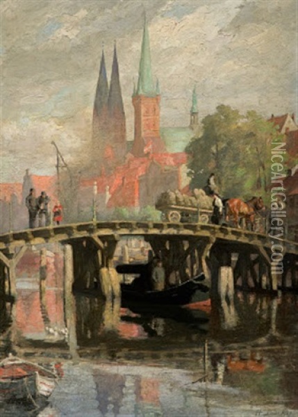 Brucke In Lubeck Oil Painting - Hermann Linde