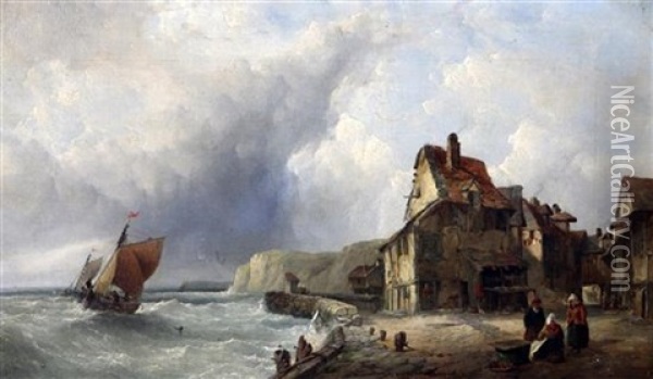 Fishing Village With Fishing Boats Leaving Port Oil Painting - John James Wilson