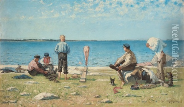 Badande Pojkar (sommarbadet) [bathing Boys] Oil Painting - Eugene Fredrik Jansson