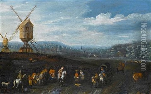 A Wooded Landscape With Travellers On Horseback On A Country Path, Windmills In The Distance Oil Painting - Jan Brueghel the Elder