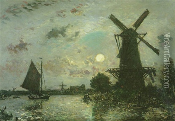 Canal Et Moulin Au Clair De Lune En Hollande Oil Painting - Johan Barthold Jongkind