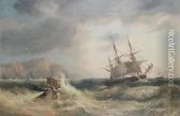A Three-masted Merchantman Reefed Down Inheavy Seas Off A Rocky Shore Oil Painting - John Wilson Carmichael