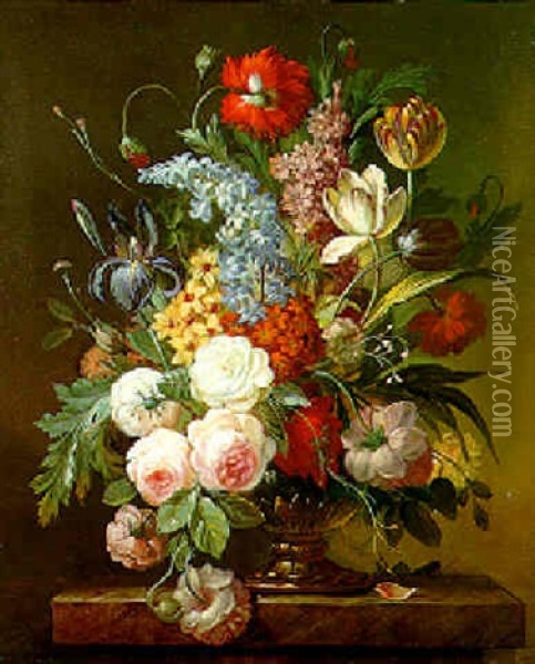 Mixed Flowers In A Vase On A Marble Ledge Oil Painting - Jan Van Huysum