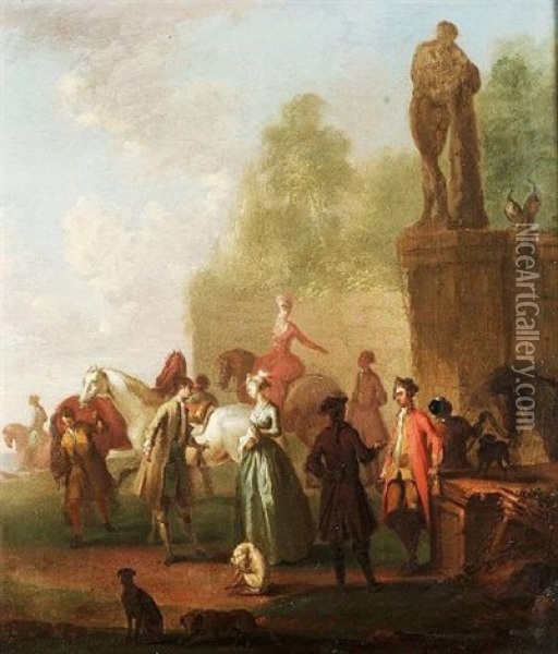 A Riding Party In A Park Landscape Oil Painting - Johann Elias Ridinger