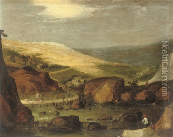 A Rocky River Landscape With Travellers Crossing A Bridge Oil Painting - Joos de Momper the Younger