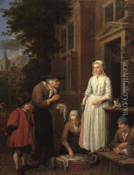 Fishmongers And A Cobbler Outside A Town House Oil Painting - Pieter Jacob Horemans