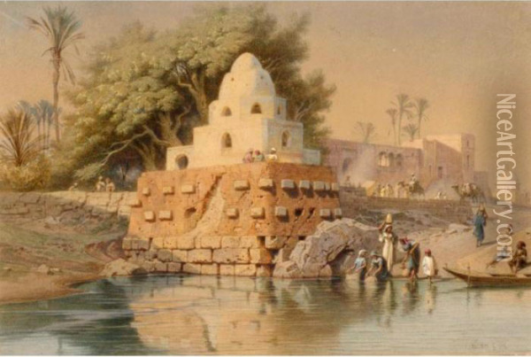 Figures By A Riverside Temple Oil Painting - Carl Friedrich H. Werner