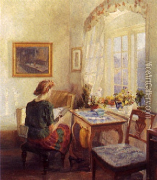 Interior Med Laesende Kvinde Oil Painting - Robert Panitzsch