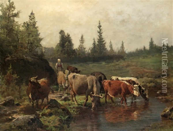 Landskap Med Kor Vid Vattendrag Oil Painting - Anders Monsen Askevold