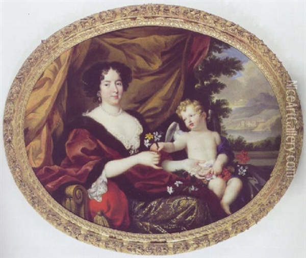 Portraet Af Hortense Mancini Siddende I Guldbrokadekjole Og Vinrod Pelsbraemmet Kabe, Ved Hendes Skod Putto Med Blomster Oil Painting - Pierre Mignard the Elder