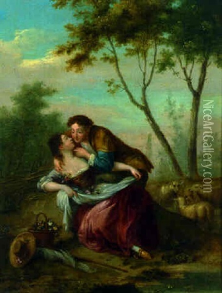 A Shepherd And A Maid Courting In A Landscape Oil Painting - Balthasar Beschey
