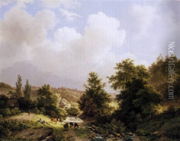 Figures In A Hilly Landscape Near Cleves Oil Painting - Barend Cornelis Koekkoek