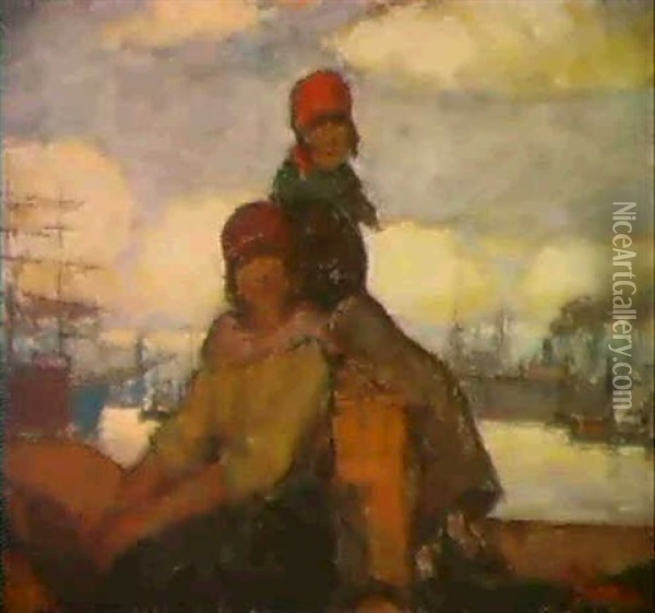 Havenvrouwen. Femmes Du Port. Oil Painting - Eugene van Mieghem