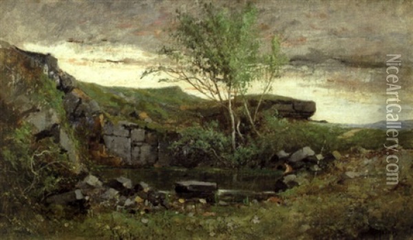 Pecheur Pres Des Rochers Sur L'etang De Frignon, Dans La Vallee D'amby Oil Painting - Adolphe Appian