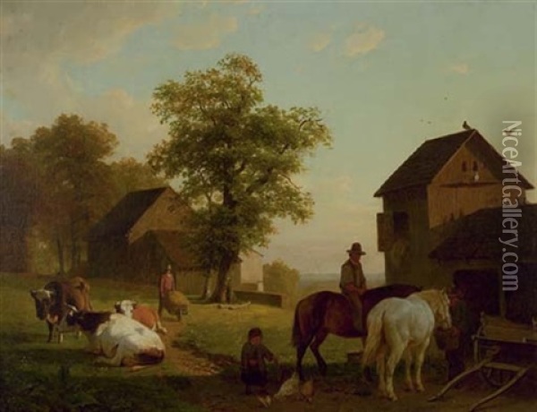 Farmworkers With Cows Near A Barn Oil Painting - Willem Tjarda van Starckenborgh Stachouwer