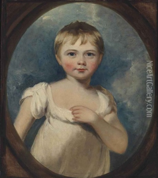 Portrait Of A Young Child, Half-length, In A White Dress, In A Sculpted Oval Oil Painting - Sir Martin Archer Shee