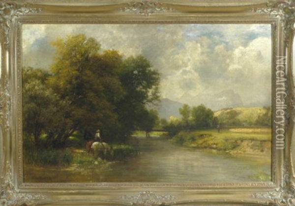 Dunstige Landschaft Mit Bauer Und Zwei Pferden Bei Der Rast Am Schattigen Flussufer Oil Painting - Ludwig Gebhardt