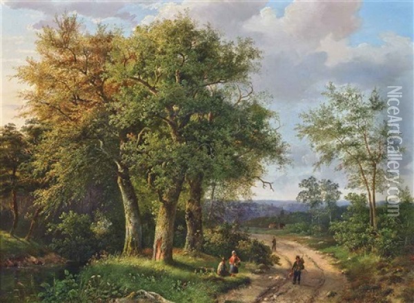 Travellers Resting By A Woodland Path Oil Painting - Marinus Adrianus Koekkoek