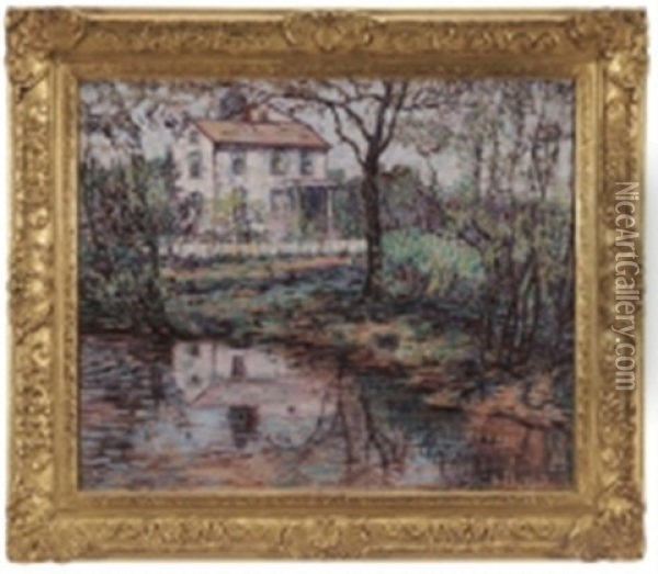 House By A Pond In A Spring Landscape Oil Painting - Maude Drein Bryant