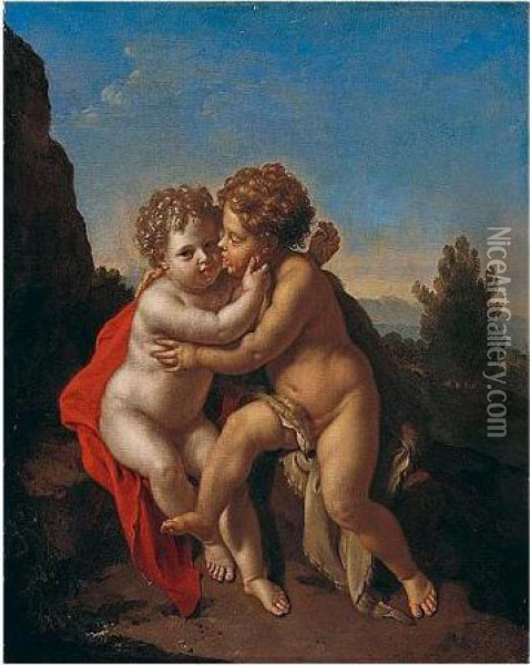 The Infant Christ And The Infant
 Saint John The Baptist Playing In A Mountainous Landscape Oil Painting - Pieter van der Werff