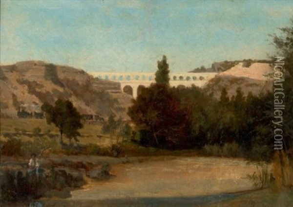 Aqueduc De Roquefavour Avec Passage D'un Train Oil Painting - Emile (Charles Joseph) Loubon