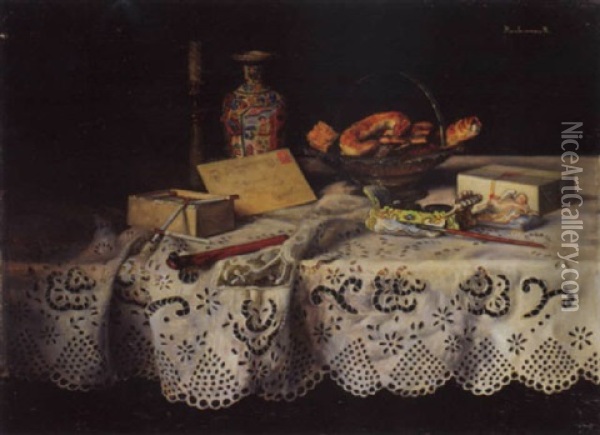 Stilleben Mit Schreibutensilien, Zigarettenschachtel Und Henkelkorb Oil Painting - Karoly (Karl) Bachmann