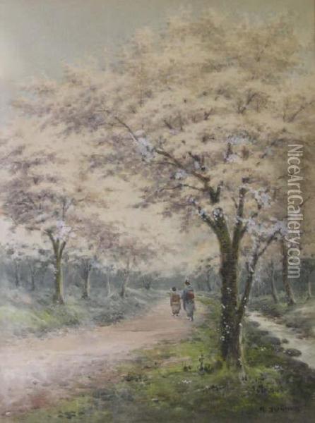 Figures And Cherry Blossom Signed 26 X 19.5in Oil Painting - Hiroshi Yoshida