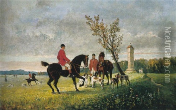 Herbstliches Feld Mit Marterl. Reitergruppe Mit Hundemeute Bei Der Fuchsjagd Oil Painting - Adolf Puchinger