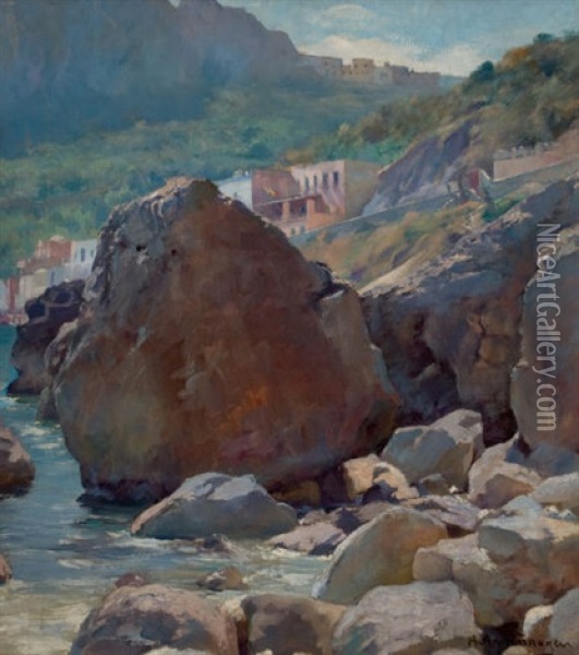 Town By Rocky Waters Oil Painting - August Achtenhagen