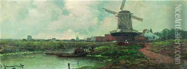 Hollandische Fluslandschaft Mit Windmuhlen Oil Painting - Johann Jungblut