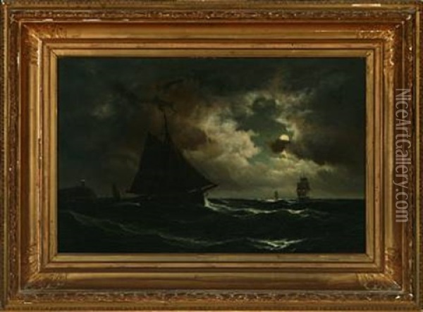 Maritime Scenery With Vessels In Moonlight Oil Painting - Carl Ludwig Bille