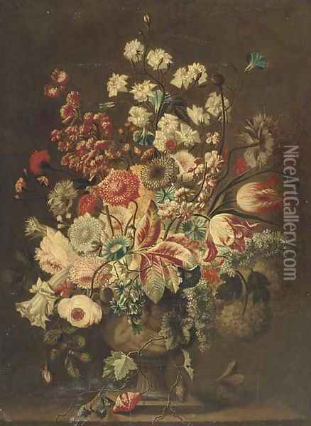 Parrot tulips, roses, hydrangeas, carnations and other flowers in a sculpted urn on a ledge Oil Painting - Jan Van Huysum